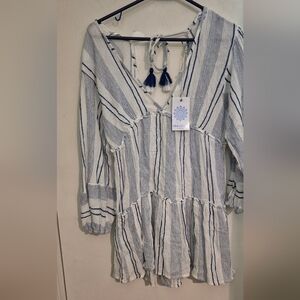 Blue Island Navy and White Striped Tunic/ Beach Cover Up Sz.S NWT